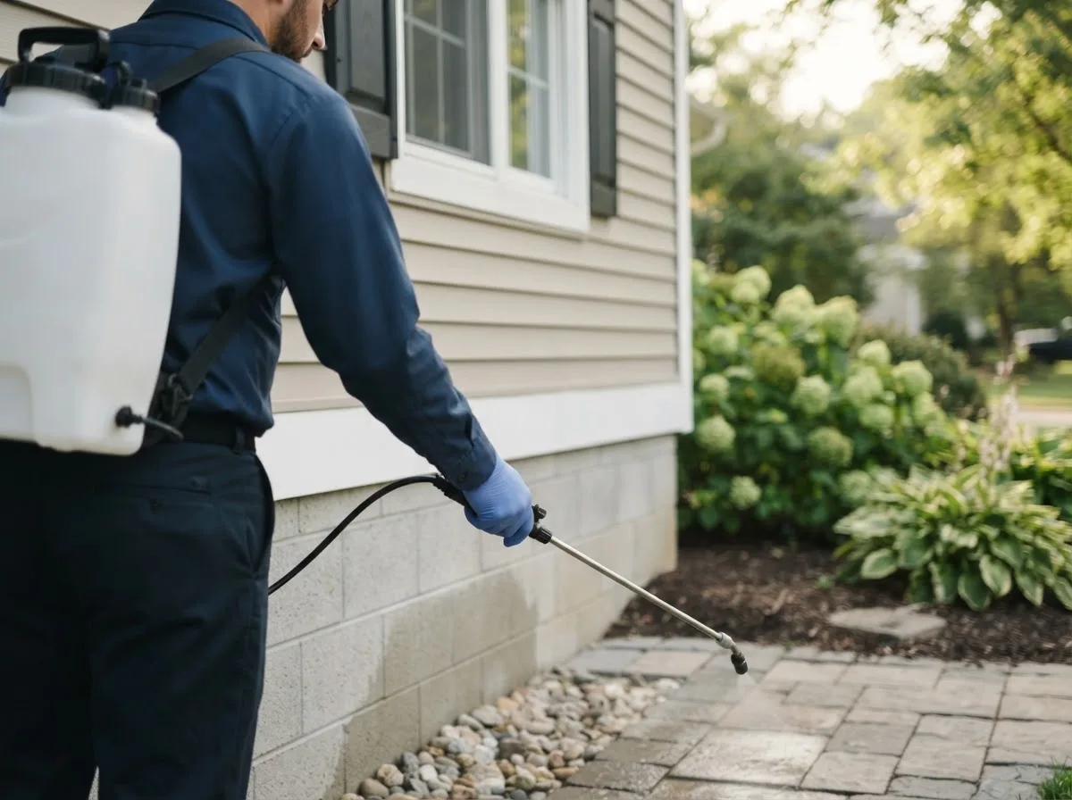Pest control technician inspecting a home in Ackerly, TX